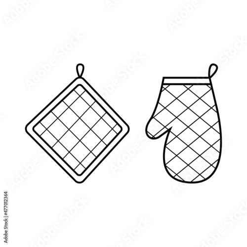 Kitchen oven mitt and potholder. Isolated vector illustration in linear style.