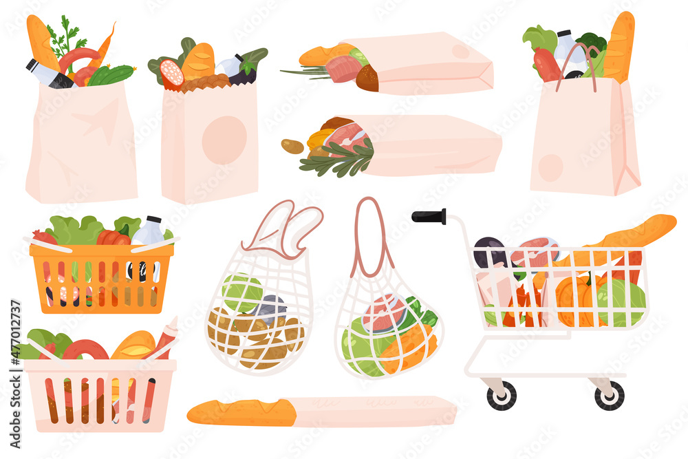 Grocery food products set vector illustration. Cartoon paper bag, basket and supermarket cart full of goods purchases, healthy fruits, bread and vegetables, ingredients for cooking isolated on white Grocery food products set vector illustration. Cartoon paper bag, basket and supermarket cart full of goods purchases, healthy fruits, bread and vegetables, ingredients for cooking isolated on white