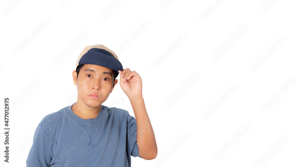 Portrait man wear cap and blue shirt isolated on white background.