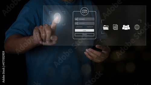 Businessman scan fingerprint biometric identity and approval. Login, User, information security, secure access to user's personal information, secure Internet access. cyber security business concept.