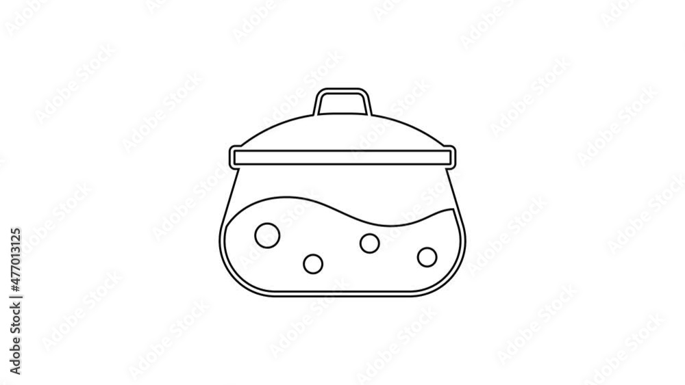 Black line Cooking pot icon isolated on white background. Boil or stew food symbol. 4K Video motion graphic animation Black line Cooking pot icon isolated on white background. Boil or stew food symbol. 4K Video motion graphic animation