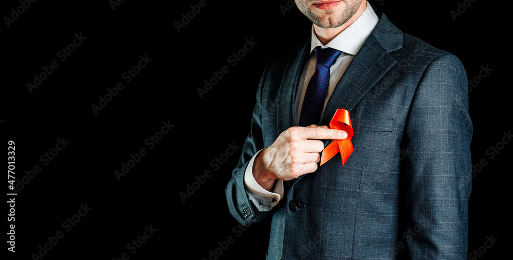 Aid ribbon silk. Red ribbon in hiv world day in man hand. Awareness ...