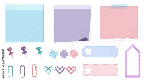 collection set of memo notes, notepad, torn paper, reminder, post note, planner, checklist paper, pad, sticky note, paper clip, pin. cute, simple, and printable