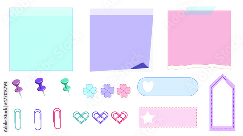 collection set of memo notes, notepad, torn paper, reminder, post note, planner, checklist paper, pad, sticky note, paper clip, pin. cute, simple, and printable