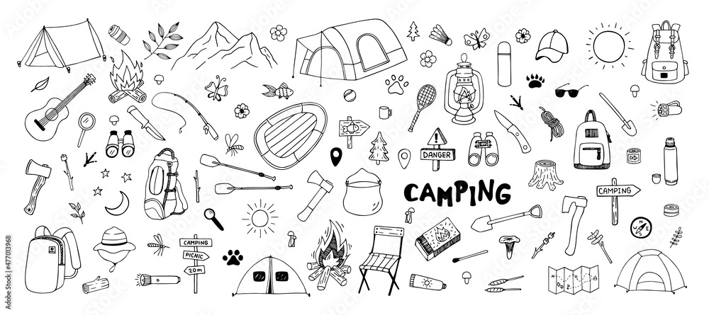 Big hand drawn camping set. Vector doodle cliparts. Travel design.