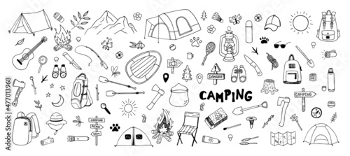 Big hand drawn camping set. Vector doodle cliparts. Travel design.