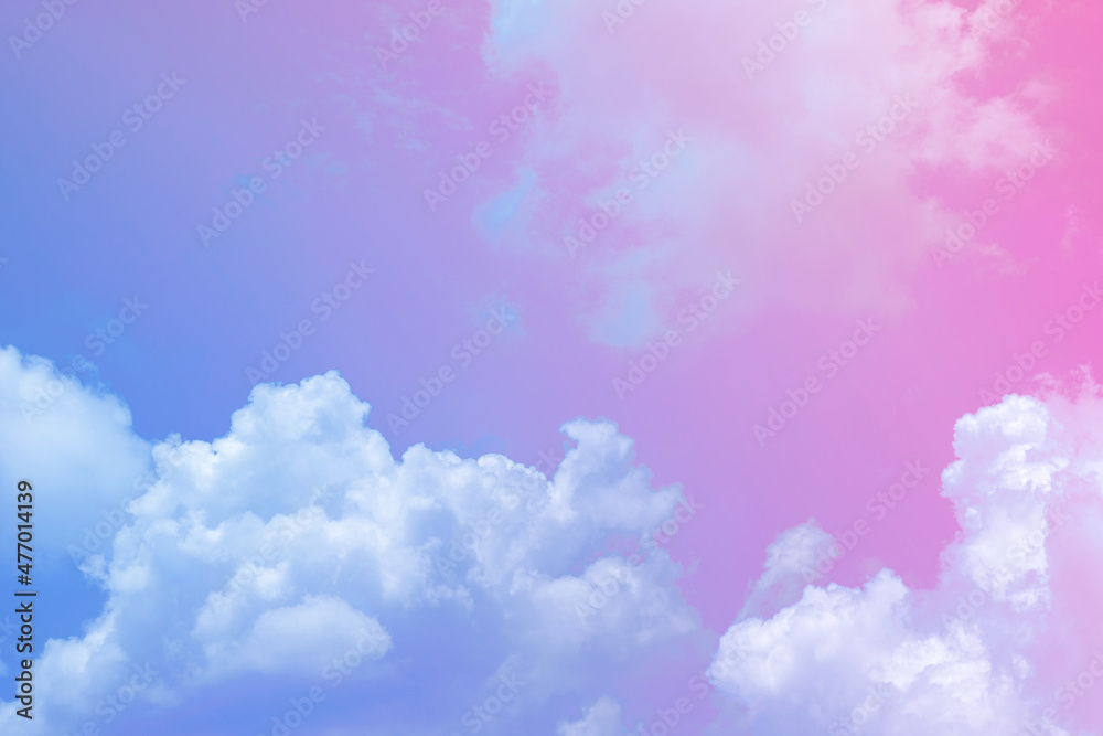 beauty sweet pastel pink blue  colorful with fluffy clouds on sky. multi color rainbow image. abstract fantasy growing light