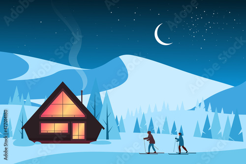 Skiers skiing in winter mountain landscape at night vector illustration. Cartoon panoramic Christmas scenery with house of holiday resort and people. Winter ski sport, travel vacation concept