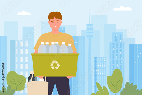 Volunteer holding container with recycle sign and plastic bottles to reuse vector illustration. Cartoon man sorting garbage to clean environment. Zero waste, sustainable eco friendly lifestyle concept