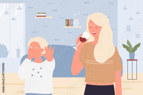 Kid angry about mother drinking wine at home vector illustration. Cartoon unhappy boy in stress by alcoholism problems of mom, drunk woman with glass. Alcohol drug addiction, family abuse concept