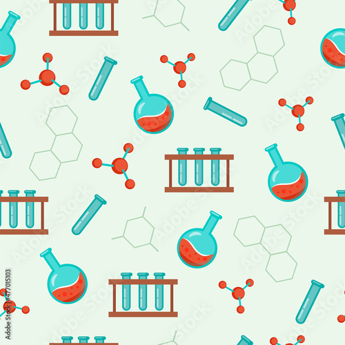 Seamless pattern for chemistry laboratory, scientific research. Magnifying glass, molecule, test tube. Vector background.