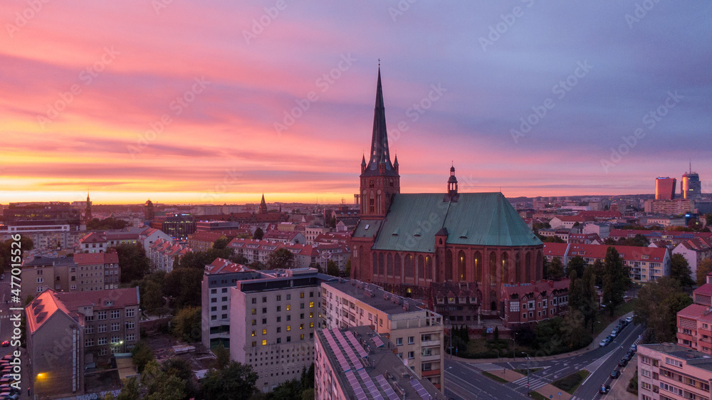 Szczecin, Poland : Beautiful Sunset over Odra river and Old Town, Aerial view of City