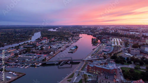 Szczecin, Poland : Beautiful Sunset over Odra river and Old Town, Aerial view of City