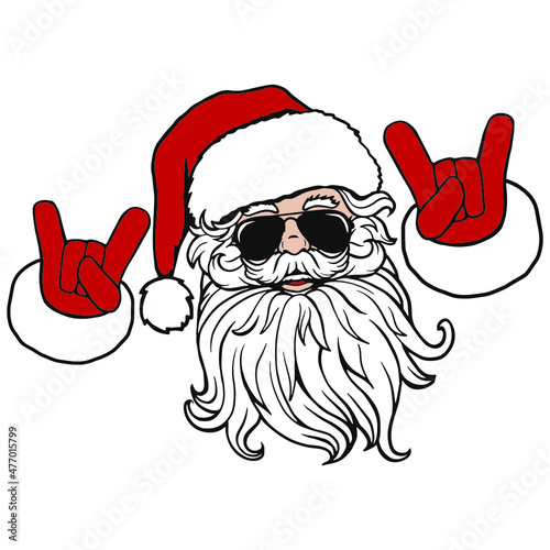 Hipster Santa Claus with Stylish beard and hip sunglasses. Cheeky Santa Claus with rock n roll gesture. Hipster Santa Claus shows swag gesture. Christmas vector illustration.