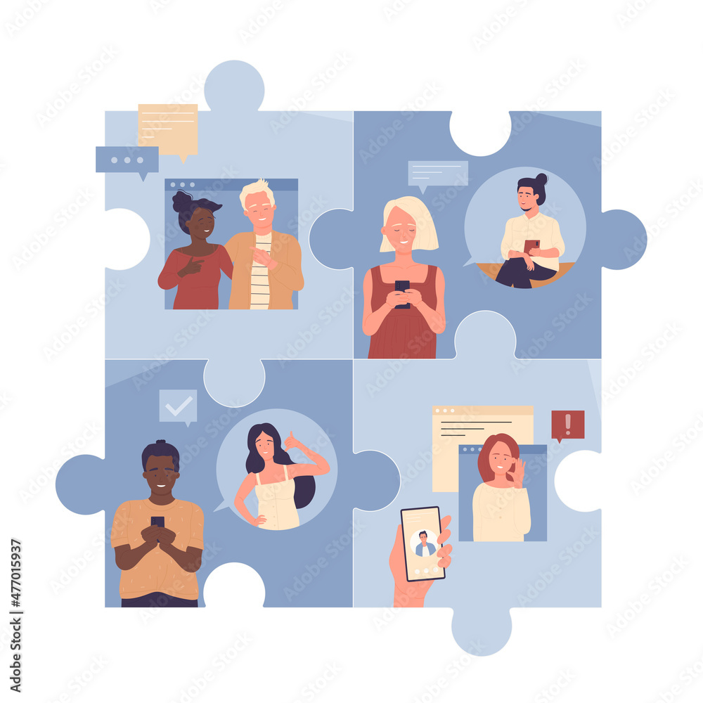 Video call conference and chat communication of people inside connected puzzle pieces vector illustration. Cartoon persons using digital apps on smartphone or computer screens for online meeting