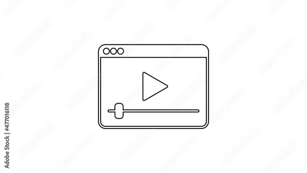 Black line Online play video icon isolated on white background. Film strip with play sign. 4K Video motion graphic animation Black line Online play video icon isolated on white background. Film strip with play sign. 4K Video motion graphic animation
