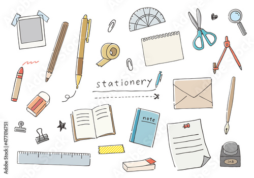 文房具の手描きイラストセット（カラー）