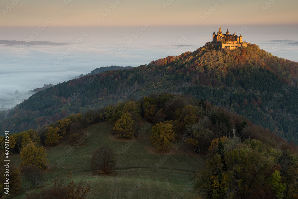Hohenzollernburg view with fog in the valley