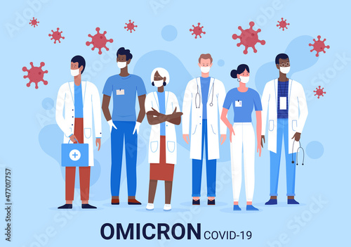 Doctor people medic team in medical masks vector illustration. Medical staffs frontline medicine professional hospital workers standing together omicron virus concept vector illustration