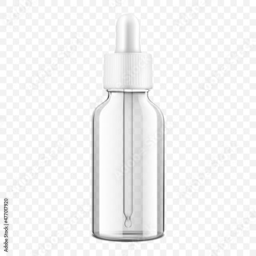 Clear glass dropper bottle, isolated on transparent background. Medical containers, Realistic packaging mockup template. 3d Vector illustration.