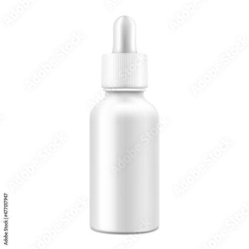 Glossy white nasal dropper bottle, isolated on white background. Medical containers. Realistic packaging mockup template. 3d Vector illustration.