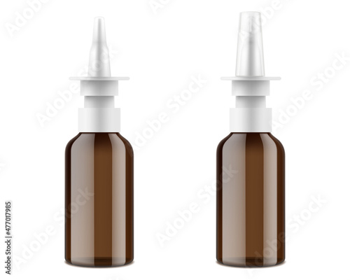 Amber Glass Nasal Spray Bottle. Realistic medical containers, packaging mockup template. 3d vector illustration