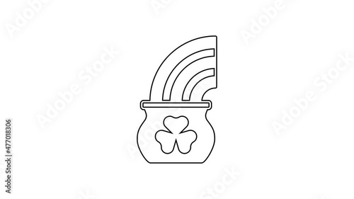 Black line Pot of gold with magic rainbow icon isolated on white background. Happy Saint Patricks day. National Irish holiday. 4K Video motion graphic animation