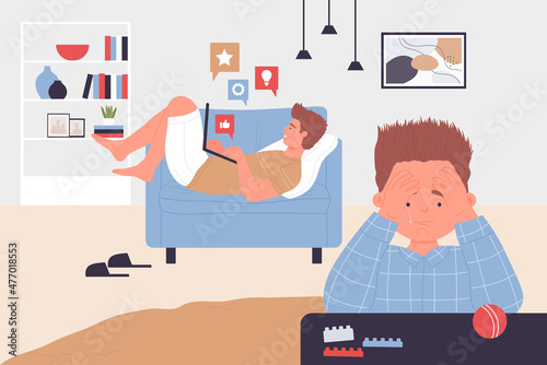 Unhappy boy crying because of father lying with laptop on couch vector illustration. Cartoon busy father using gadget for in social media, child sitting alone. Internet addiction, family concept