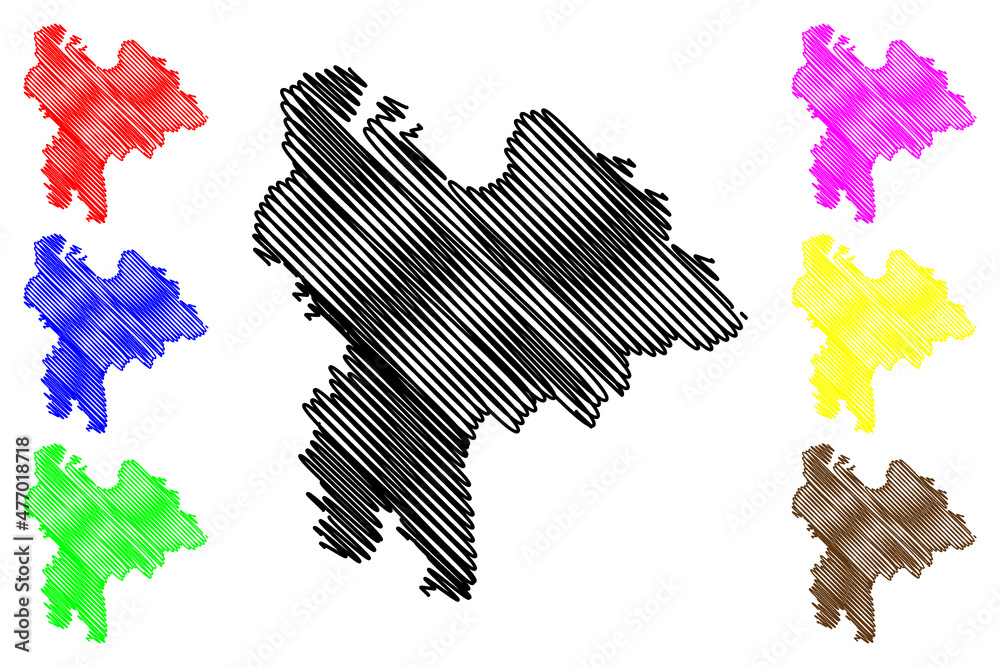 Obraz premium Pilibhit district (Uttar Pradesh State, Republic of India) map vector illustration, scribble sketch Pilibhit map