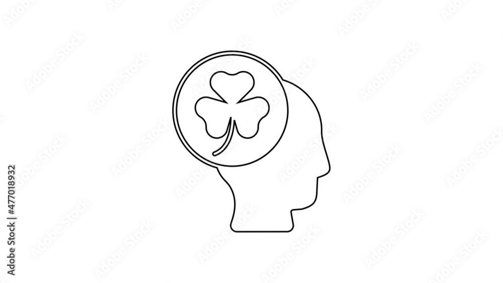Black line Human head with clover trefoil leaf icon isolated on white background. Happy Saint Patricks day. National Irish holiday. 4K Video motion graphic animation Black line Human head with clover trefoil leaf icon isolated on white background. Happy Saint Patricks day. National Irish holiday. 4K Video motion graphic animation
