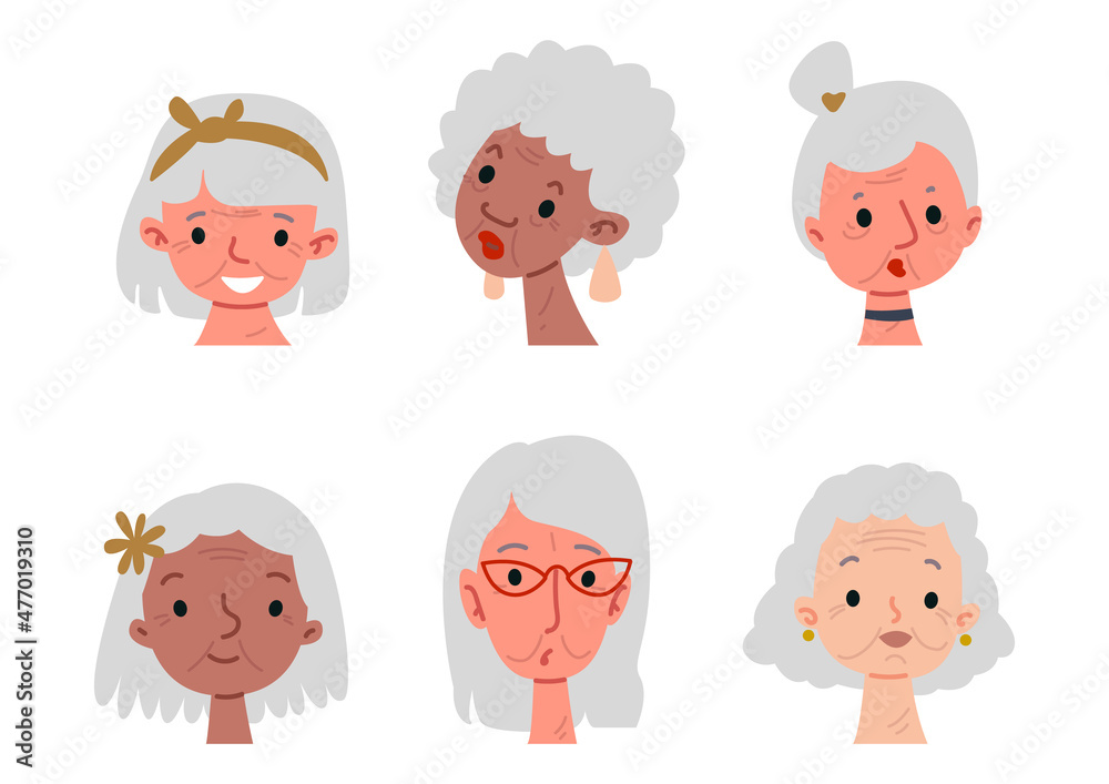 Set of cartoon elderly lady. Portrait of older women with different skin colors and identities. Vector avatar of cute girls with gray hair. Happy face. Set of cartoon elderly lady. Portrait of older women with different skin colors and identities. Vector avatar of cute girls with gray hair. Happy face.