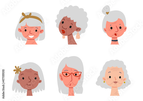 Set of cartoon elderly lady. Portrait of older women with different skin colors and identities. Vector avatar of cute girls with gray hair. Happy face.
