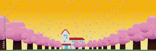 春の桜並木の奥に見える校舎・園舎 