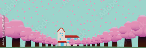 春の桜並木の奥に見える校舎・園舎 