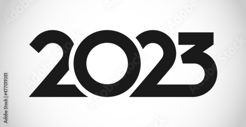 A Happy New Year 2023 congrats. Creative typography. Simple logotype concept. Abstract isolated graphic design template. Digits in monochrome style. Vector mask idea with black and white colours.