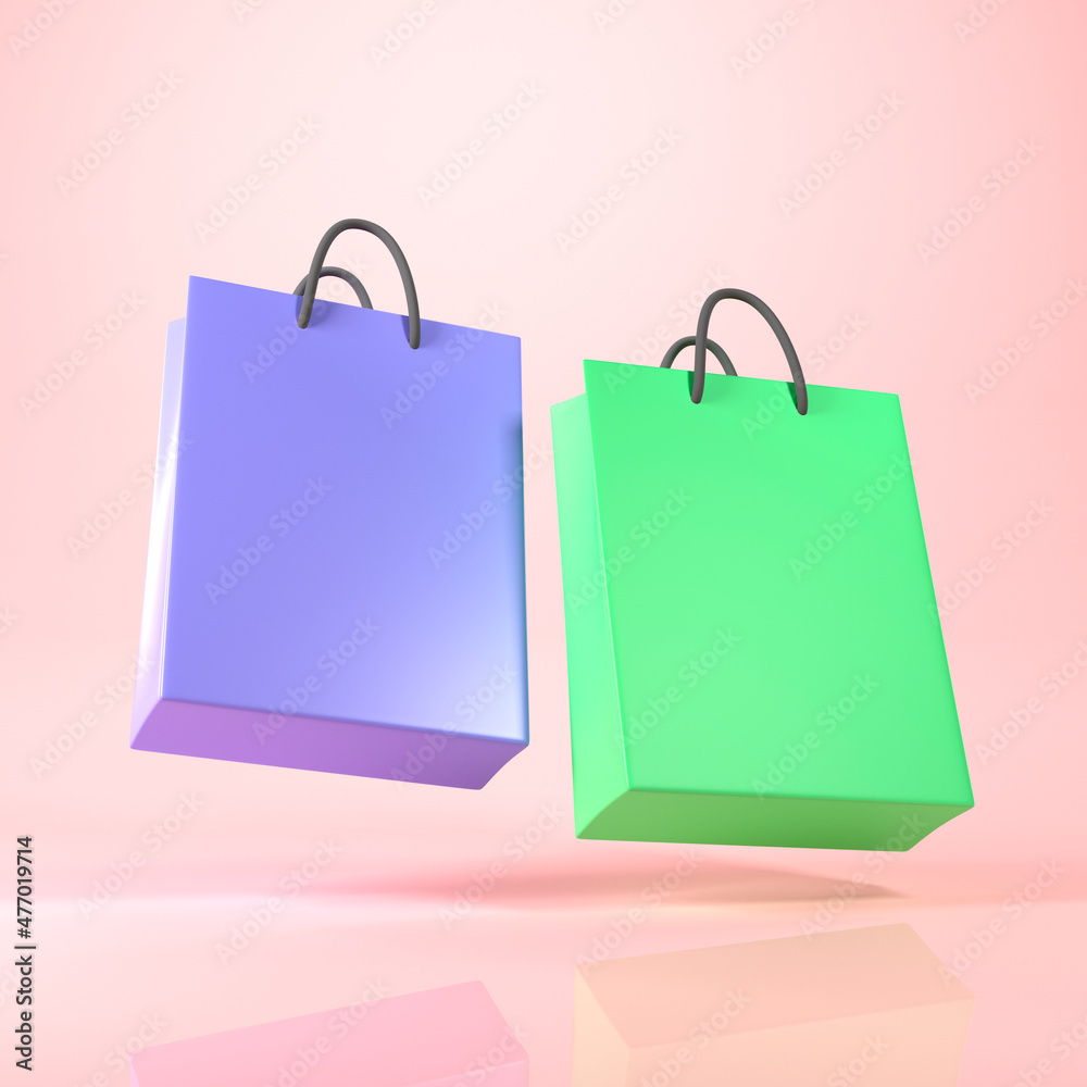 3D Paper bags on ping background. Online shopping concept. 3d illustration