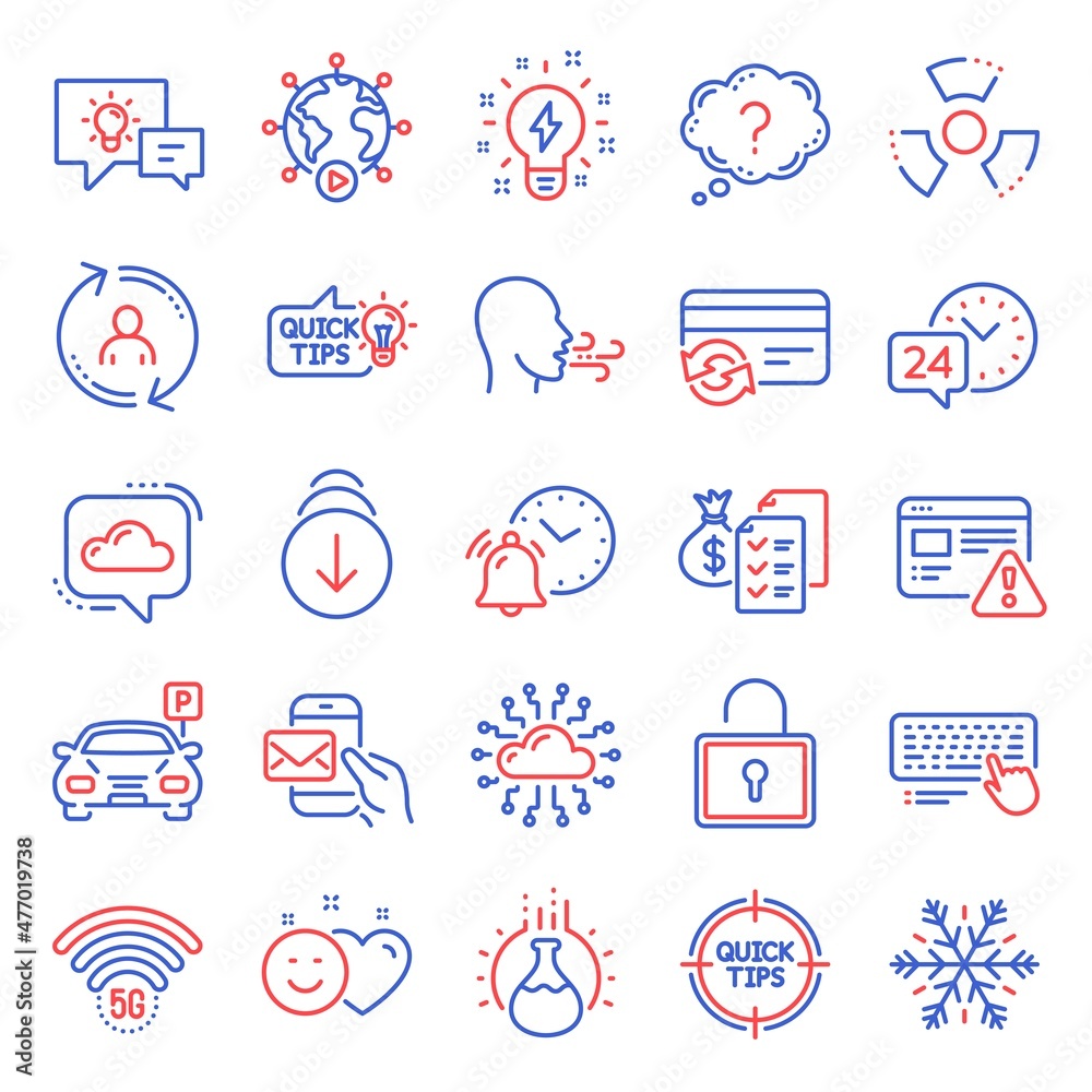 Technology icons set. Included icon as 24h service, User info, Chemistry experiment signs. Cloud communication, Tips, Scroll down symbols. Smile, Idea lamp, Breathing exercise. Alarm clock. Vector