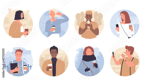 People drinking takeaway coffee on round avatar set vector illustration. Cartoon woman, man wearing stylish casual clothes, walking on city street with coffee cup, modern lifestyle isolated on white