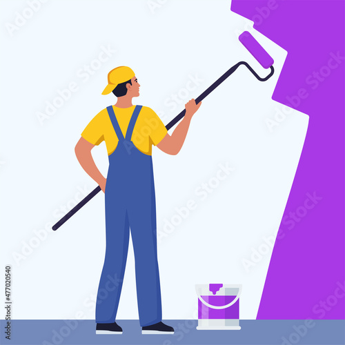 Painter man painting house wall with roller brush. Worker guy using paint-roller and paint cans. Decorator job, interior renovation service. Flat vector character illustration.