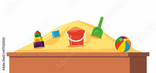Sandbox with pile of sand and children toys in flat style. Sandpit with kids shovel, bucket and car on pile of yellow powder. Vector illustration.