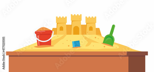 Sandbox with pile of sand, sand castle and children toys in flat style. Sandpit with kids shovel, bucket on pile of yellow powder. Vector illustration.