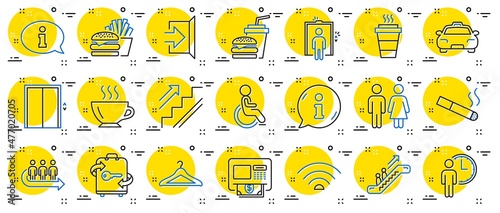 Public Services, Wifi line icons. Elevator, Cloakroom and Taxi icons. Exit, ATM and Escalator. Wifi, Lift or elevator, Restaurant food. Public cloakroom, information, coffee and smoking. Vector