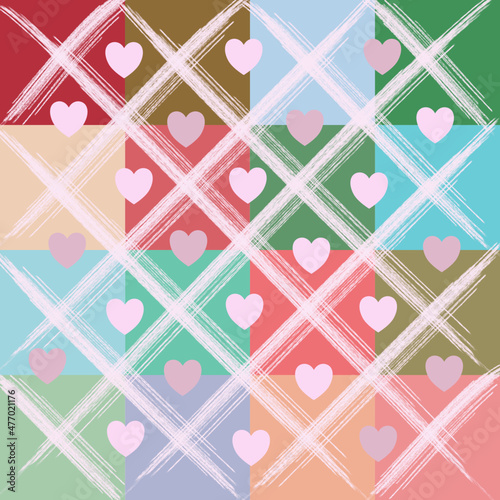 Geometric pattern of squares, trellises, and pink hearts for decorating holiday backgrounds.