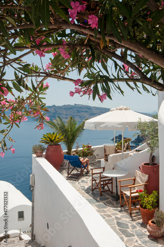 Terrace with flowers and plants, and overlooking the Caldera, in the village of Oia in Greece. Vertical screen.