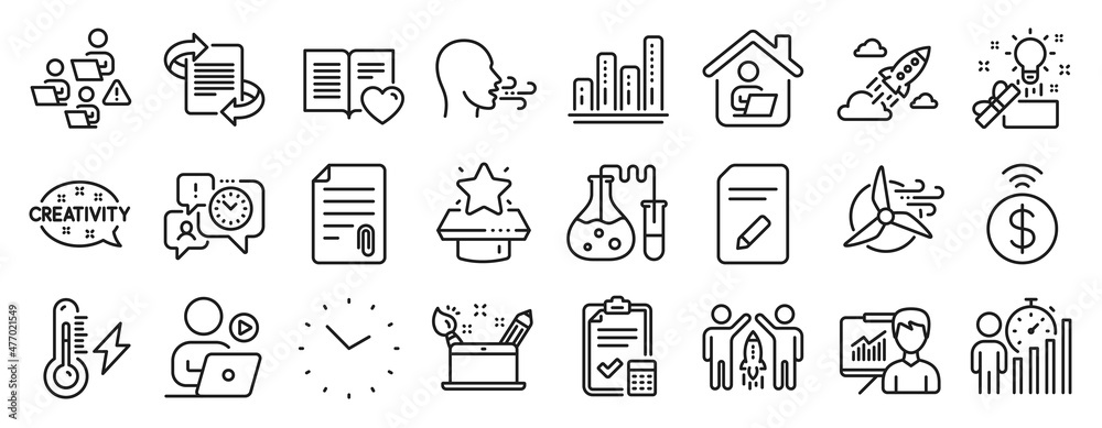 Set of Education icons, such as Teamwork, Time management, Winner podium icons. Graph chart, Creativity, Contactless payment signs. Accounting checklist, Attachment, Edit document. Time. Vector