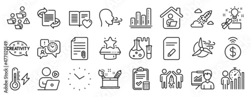 Set of Education icons, such as Teamwork, Time management, Winner podium icons. Graph chart, Creativity, Contactless payment signs. Accounting checklist, Attachment, Edit document. Time. Vector