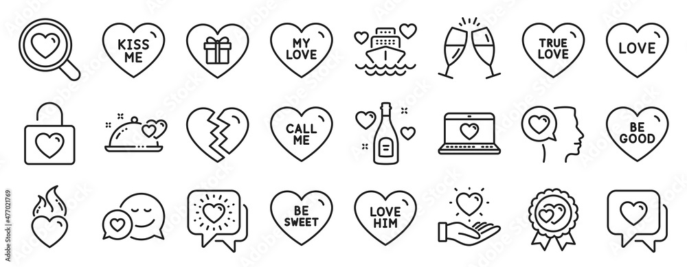 Set of Love icons, such as Honeymoon cruise, Kiss me, Love icons. Heart flame, Be sweet, Love him signs. Hold heart, Wedding locker, Romantic talk. Champagne glasses, Romantic dinner. Vector Set of Love icons, such as Honeymoon cruise, Kiss me, Love icons. Heart flame, Be sweet, Love him signs. Hold heart, Wedding locker, Romantic talk. Champagne glasses, Romantic dinner. Vector