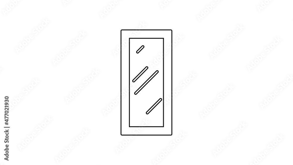 Black line Big full length mirror for bedroom, shops, backstage icon isolated on white background. 4K Video motion graphic animation Black line Big full length mirror for bedroom, shops, backstage icon isolated on white background. 4K Video motion graphic animation