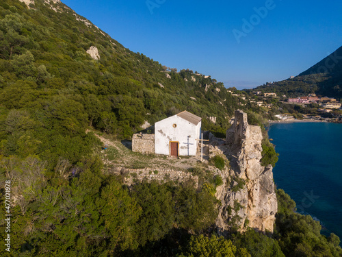 Aerial drone view of Old chapel in Ermones beach