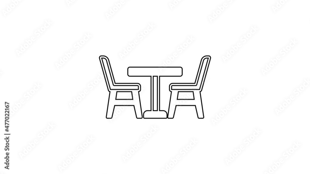 Black line Wooden table with chair icon isolated on white background. 4K Video motion graphic animation Black line Wooden table with chair icon isolated on white background. 4K Video motion graphic animation